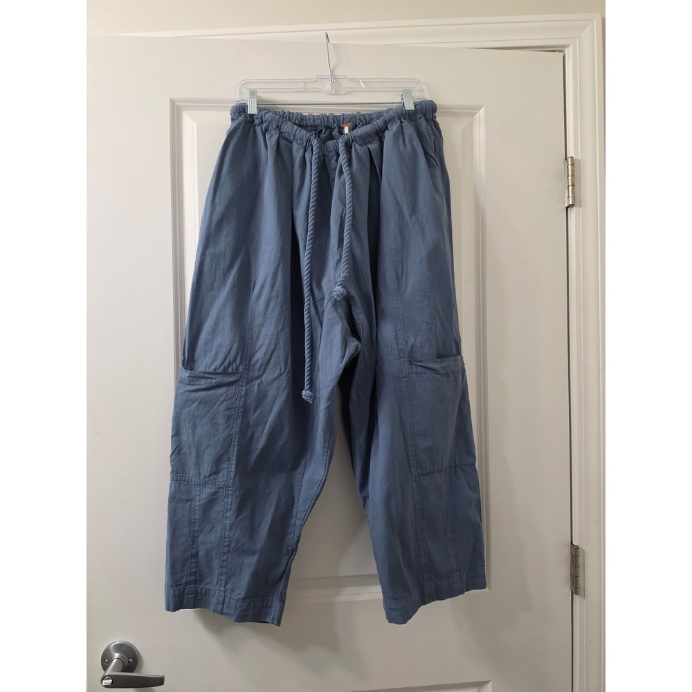 Free People Oceanview Blue Cotton Linen Rope Drawstring Cargo Pants S New
